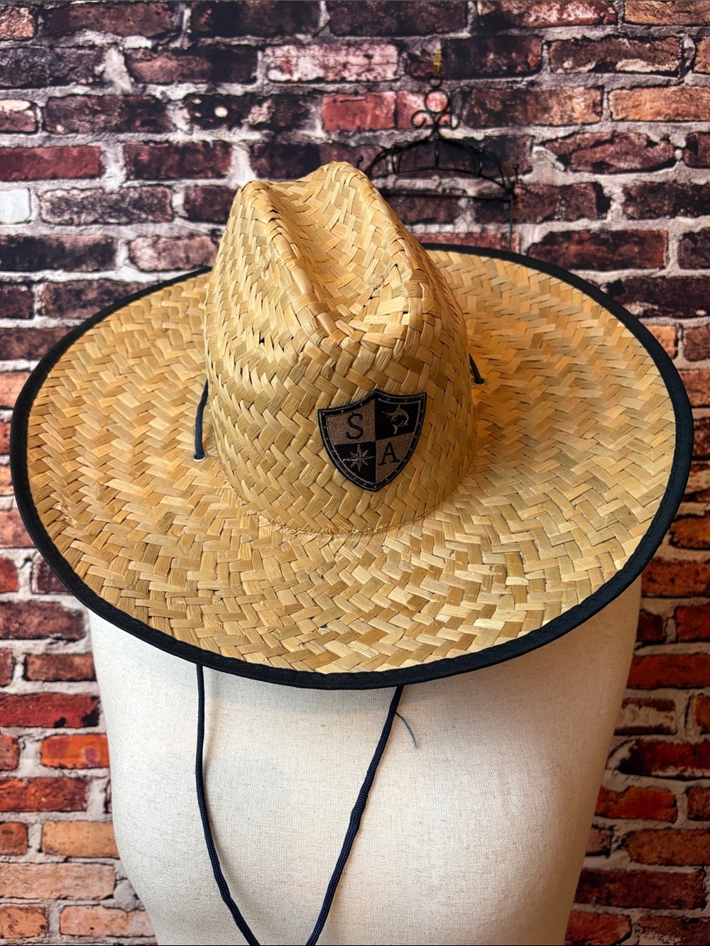 Salt Armour Co Straw Hat with Black Trim Shield Emblem One Size with pull string